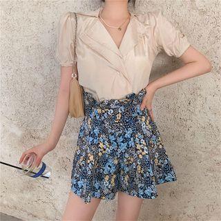 Plain Short-sleeve Blouse / Floral High-waist Shorts
