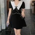 Short Sleeve Contrast Collar Bow Accent A-line Dress