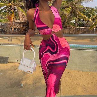 Sleeveless Halter Cut-out Maxi Sheath Dress