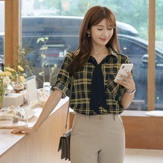 Detachable-tie Tab-sleeve Plaid Blouse