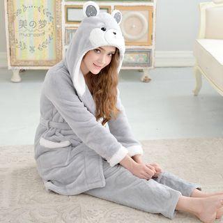 Loungewear Set: Coral Fleece Hooded Robe + Pants