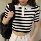 Striped Short-sleeve Knit Polo Shirt Stripe - Black & White - One Size