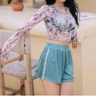 Set: Long-sleeve Floral Sheer Top + Halter Tankini