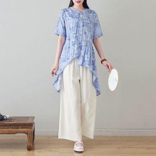 Set:flower Print Short Sleeve Top +plain Wide Leg Pants