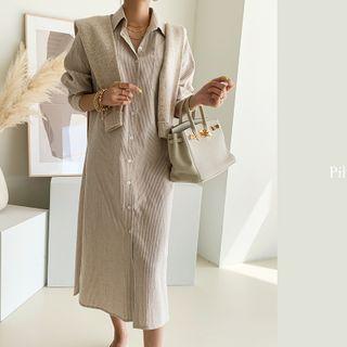 Pinstriped Boxy Long Shirtdress Beige - One Size