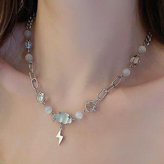 Cat Eye Stone Necklace Silver - Necklace - One Size