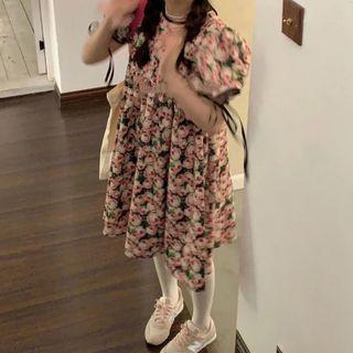 Short-sleeve Floral Print A-line Dress Green & Pink - One Size