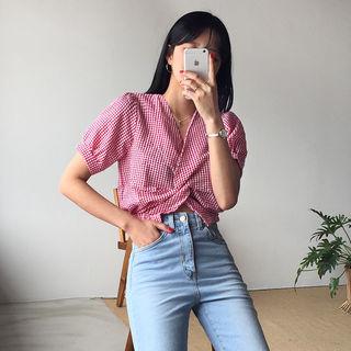 Twist-front Gingham Cropped Top