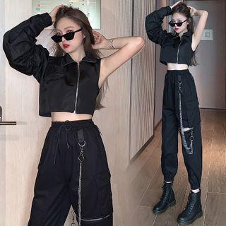 Asymmetrical One-shoulder Zip-up Top/ Zip Detail Harem Pants / Set