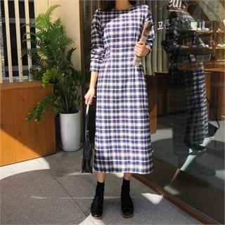 Tie-back Long Plaid Dress Navy Blue - One Size