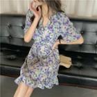 Elbow-sleeve Floral Asymmetrical Mini A-line Dress
