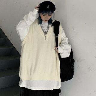 V-neck Knit Vest Off White - One Size