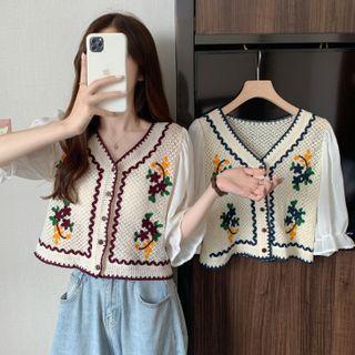 Puff-sleeve V-neck Cut-out Embroidered Flower Top