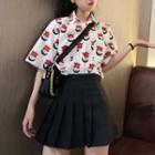 Elbow-sleeve Floral Print Shirt / Pleated Mini A-line Skirt / Set