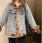 Fleece Lined Denim Jacket Leopard Printed - Brown - One Size