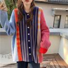Striped Color Block Collared Cardigan As Shown In Figure - One Size