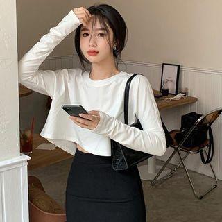 Plain Long-sleeve T-shirt / Slit Midi Pencil Skirt