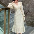 Lantern-sleeve V-neck Mermaid Hem Lace Midi Dress