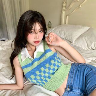 Two-tone Knit Crop Tank Top Green - One Size