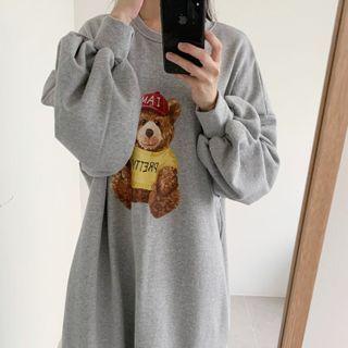 Puff-sleeve Bear Print Midi Shift Dress
