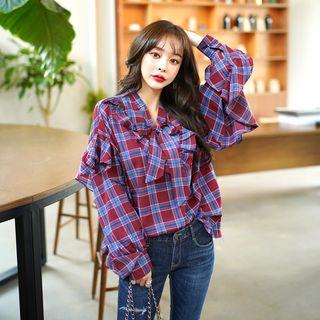 Tie-neck Ruffle-trim Plaid Top