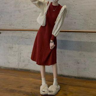 Long-sleeve Frill Trim Knit Midi A-line Dress Red - One Size