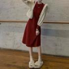 Long-sleeve Frill Trim Knit Midi A-line Dress Red - One Size