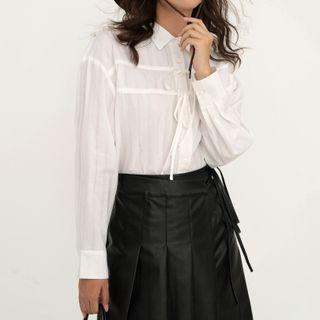 Long Sleeve Bow Detail Crinkle Shirt