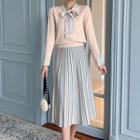 Set: Tie Neck Long-sleeve Knit Top + Striped Midi A-line Skirt