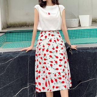 Set: Printed Cap-sleeve T-shirt + Fruit Print Midi A-line Skirt