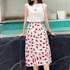 Set: Printed Cap-sleeve T-shirt + Fruit Print Midi A-line Skirt