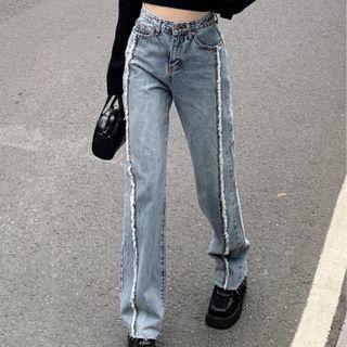 Mid Waist Fringed Trim Washed Wide Leg Jeans