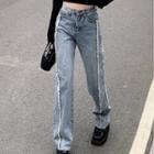 Mid Waist Fringed Trim Washed Wide Leg Jeans