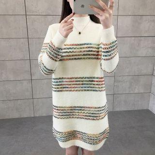Long-sleeve Mock Neck Striped Panel Knit Dress