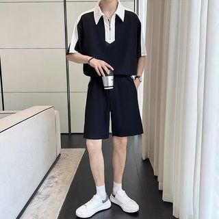 Set: Short-sleeve Two-tone Zip Polo Shirt + Shorts