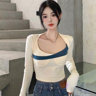 Set: Denim Panel Camisole Top + Shrug Set Of 2 - Camisole - Almond - L / Shrug - Almond - One Size