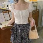 Puff-sleeve Buttoned Square-neck Crop Top White - One Size