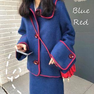 Contrast Woollen Button Cardigan / Wollen Midi Skirt