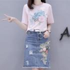 Set: Short-sleeve Floral T-shirt + Denim Skirt