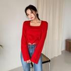 Square-neck Drawstring-front Top Red - One Size
