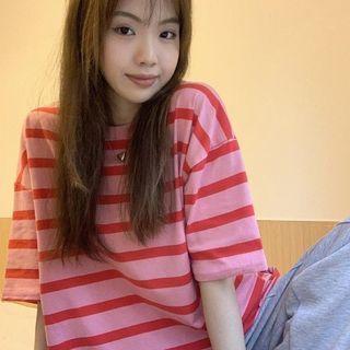 Elbow-sleeve Stripped T-shirt Pink - One Size