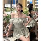 Set: Short-sleeve Off-shoulder Frilled Top + Mini Skirt