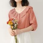 Elbow-sleeve Plaid Blouse Gingham - Red & White - One Size