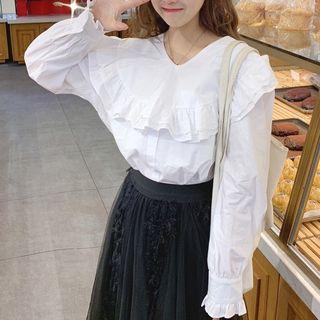 Frilled Trim Bell Sleeve Blouse White - One Size
