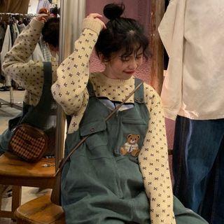 Patterned Knit Sweater / Bear Embroidered Corduroy Dungaree Pants