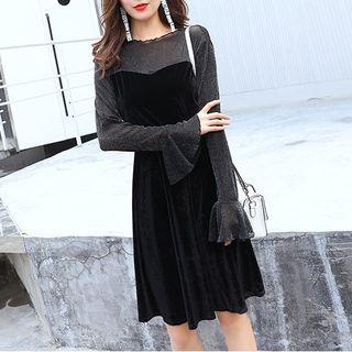 Bell-sleeve Mesh Panel A-line Dress