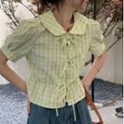 Short-sleeve Plaid Blouse Green - One Size