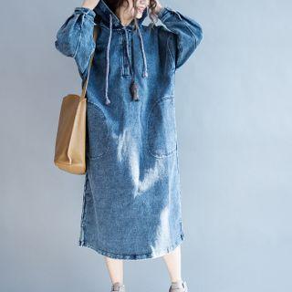 Long-sleeve Hooded Denim Midi A-line Dress