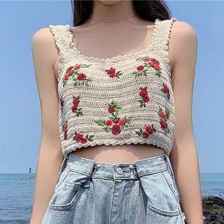 Flower Embroidered Cropped Knit Camisole Top