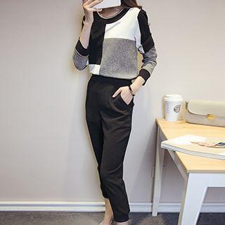 Set: Beaded Color-block Top + Tapered Pants